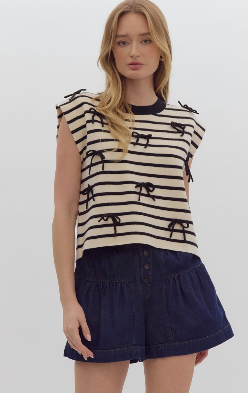 ENTRO Black Stripe Bow Knit Top