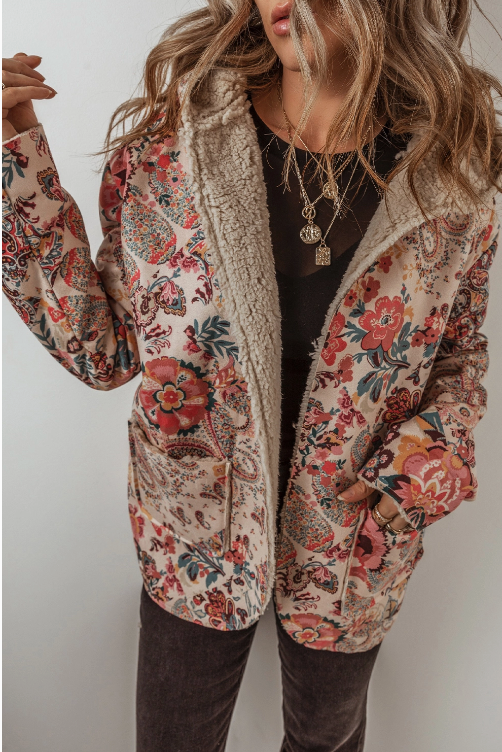 LDC Cream Floral Sherpa Jacket