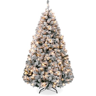 6ft Pre-Lit Holiday Christmas Pine Tree w/ Snow Flocked Branches, 250 Warm White Lights.