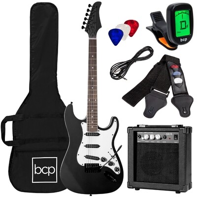 39in Full Size Beginner Electric Guitar Kit with Case, Strap, Amp, Whammy Bar - Jet Black
