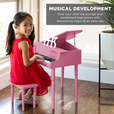 Kids Wooden 30-Key Mini Grand Piano w/ Lid, Bench, Foldable Music Rack, Song Book, Stickers - Pink