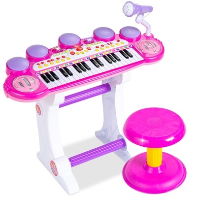 37-Key Kids Electronic Piano Keyboard w/ Record and Playback, Microphone, Synthesizer, Stool - Pink