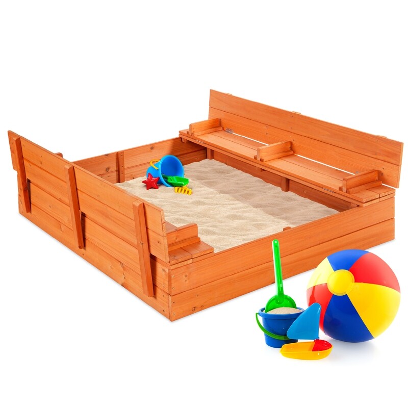 47x47-Inch Kids Wooden Outdoor Sandbox w/ 2 Foldable Bench Seats, Sand Protection, Liner - Brown