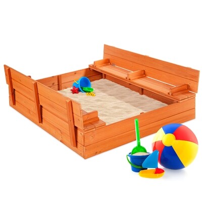 47x47-Inch Kids Wooden Outdoor Sandbox w/ 2 Foldable Bench Seats, Sand Protection, Liner - Brown
