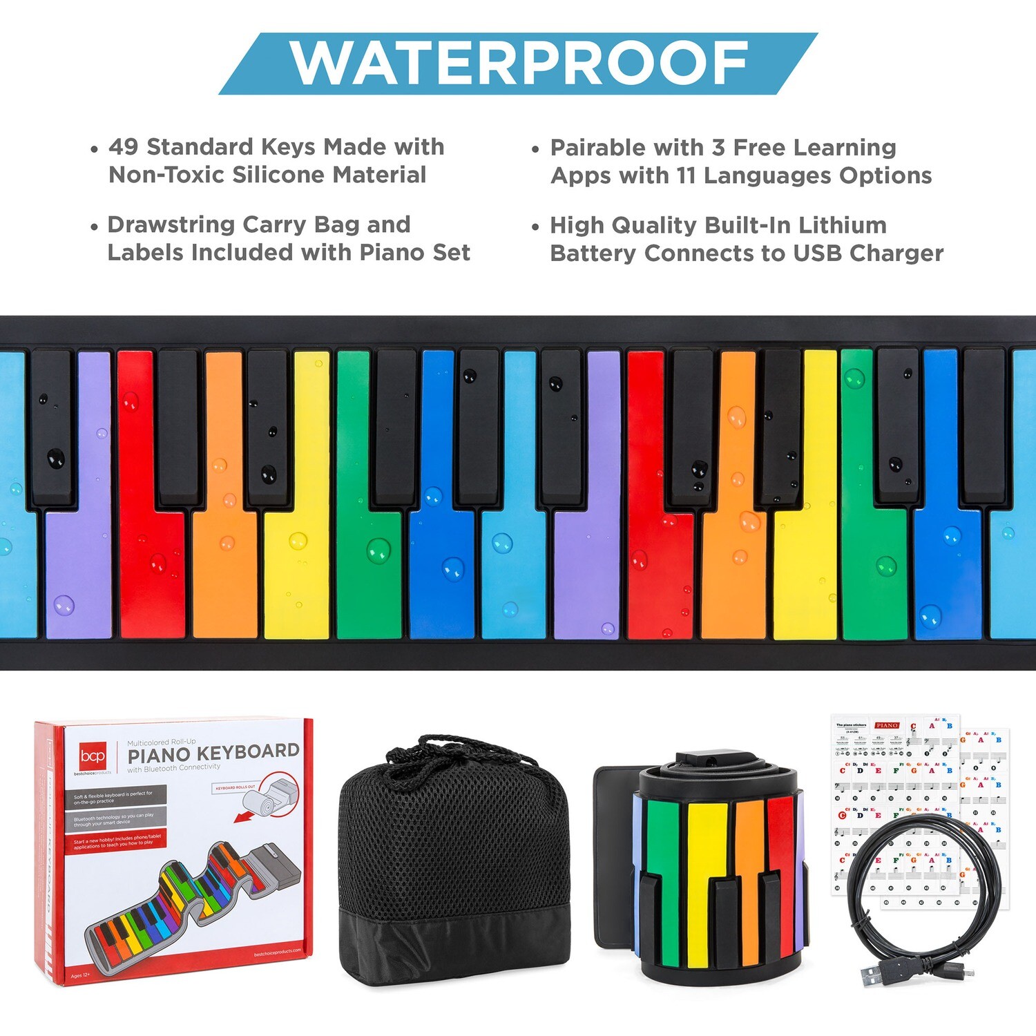Kids 49-Key Portable Bluetooth Flexible Roll-Up Piano Keyboard Musical Toy w/ Note Labels - Rainbow