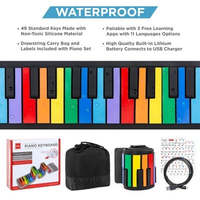 Kids 49-Key Portable Bluetooth Flexible Roll-Up Piano Keyboard Musical Toy w/ Note Labels - Rainbow