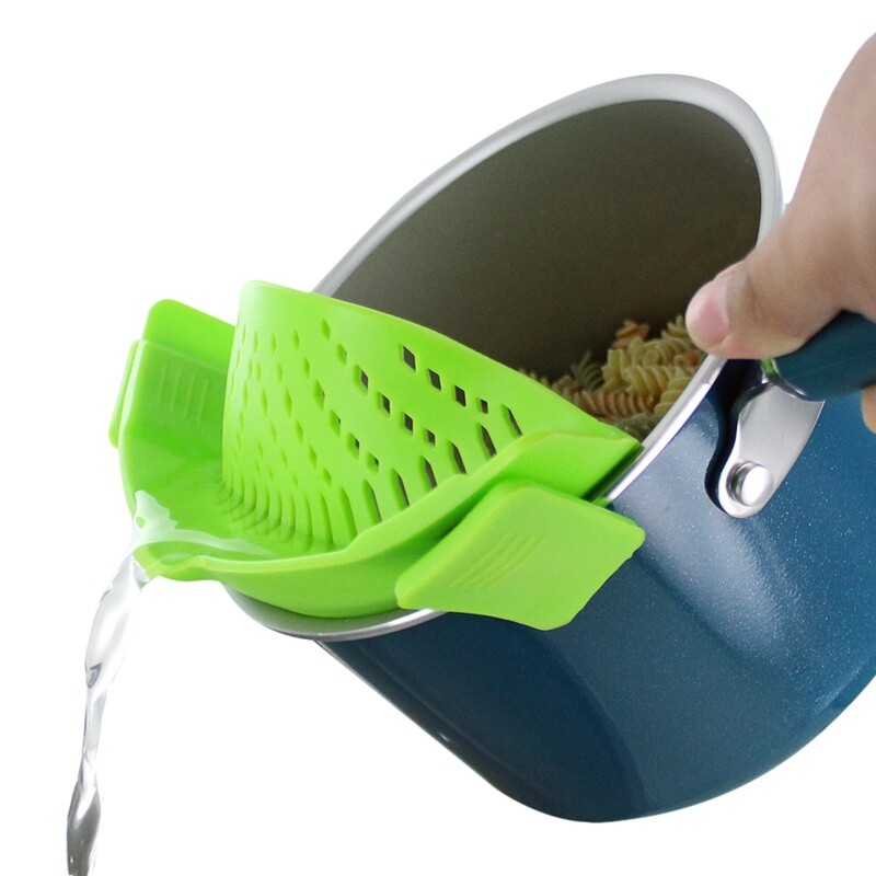 Silicone Pasta Strainer Snap on Clip on Rubber Cooking Strainer Gadget Heat Resistant Easy Kitchen Storage Dishwasher Safe - Green