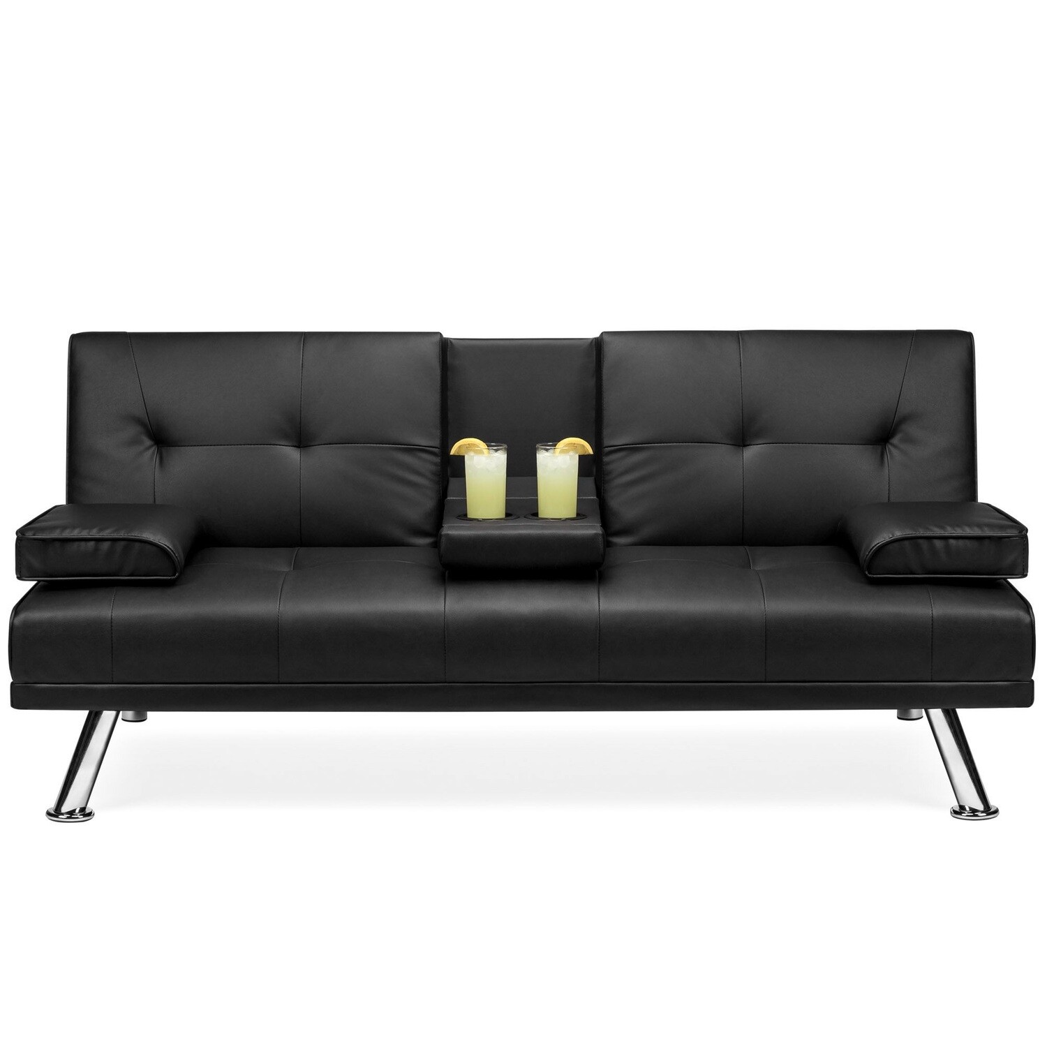 Modern Faux Leather Convertible Futon Sofa w/ Removable Armrests, Metal Legs, 2 Cupholders - Black - Free delivery