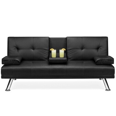 Modern Faux Leather Convertible Futon Sofa w/ Removable Armrests, Metal Legs, 2 Cupholders - Black - Free delivery