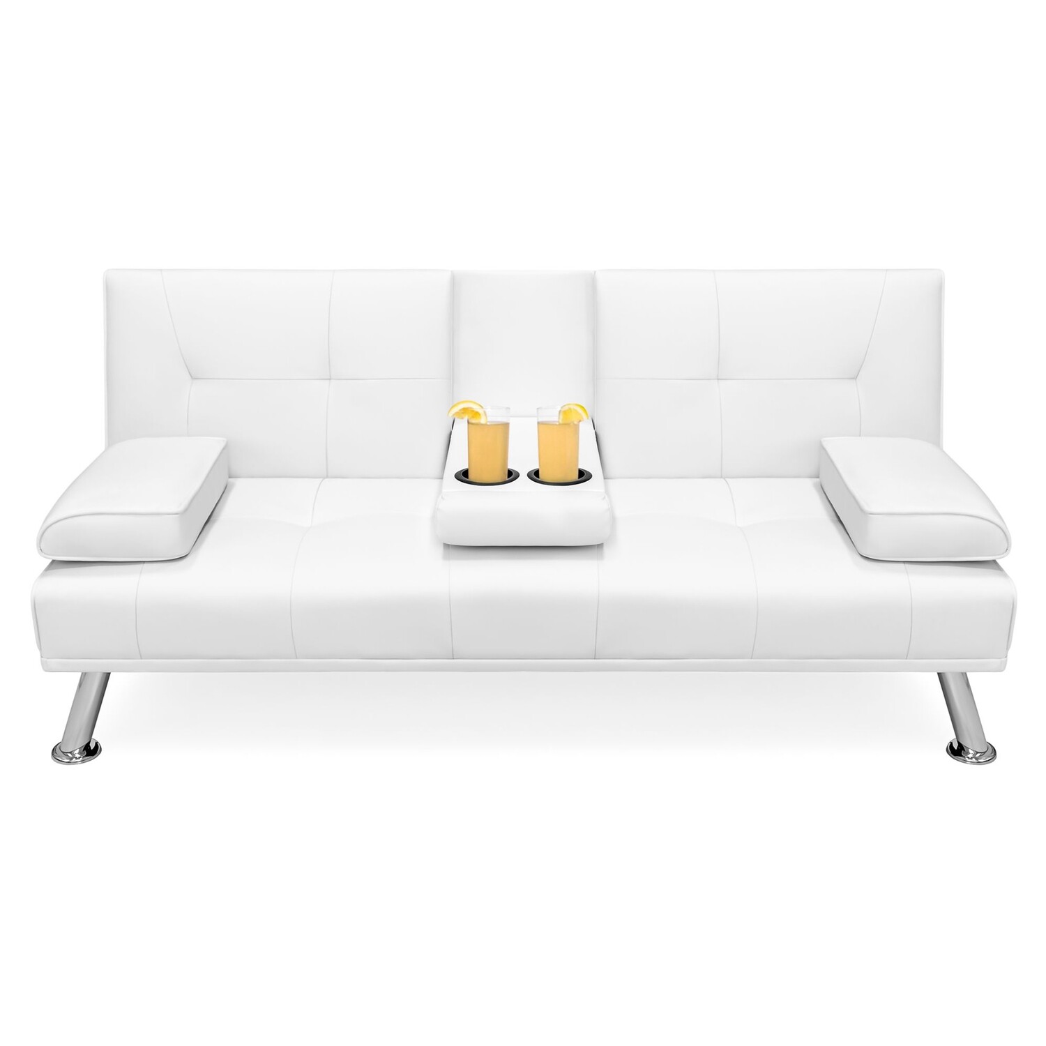 Modern Faux Leather Convertible Futon Sofa w/ Removable Armrests, Metal Legs, 2 Cupholders - White