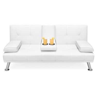 Modern Faux Leather Convertible Futon Sofa w/ Removable Armrests, Metal Legs, 2 Cupholders - White