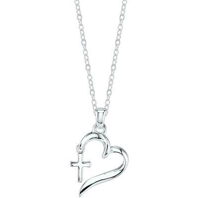 Sterling Silver "Faith Hope Love" Heart with Cross Necklace, 18"