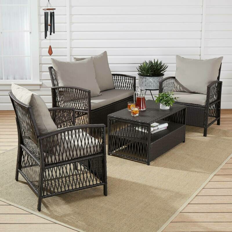 Sanza Rattan 4-Piece Wicker Patio Furniture Conversation Set, Beige