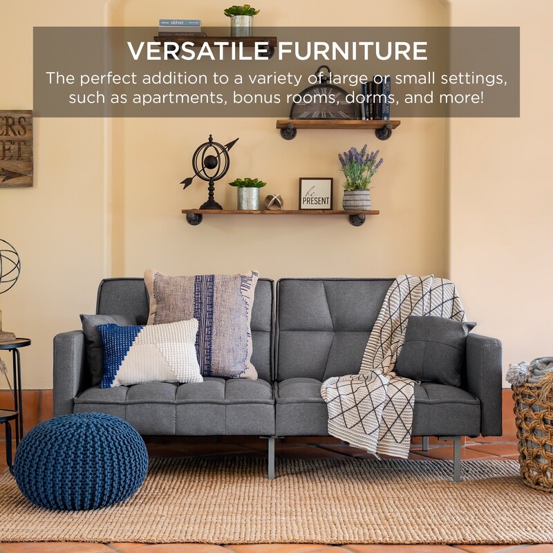 Convertible Living Room Linen Fabric Tufted Split-Back Futon Sofa w/ 2 Pillows