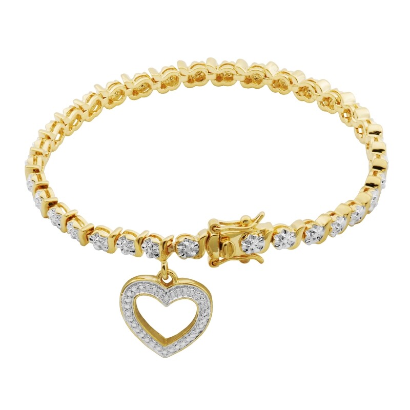 18K Yellow Gold Plated Diamond Accent Open Heart Charm Tennis Bracelet, 7.25&quot;