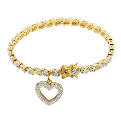 18K Yellow Gold Plated Diamond Accent Open Heart Charm Tennis Bracelet, 7.25"
