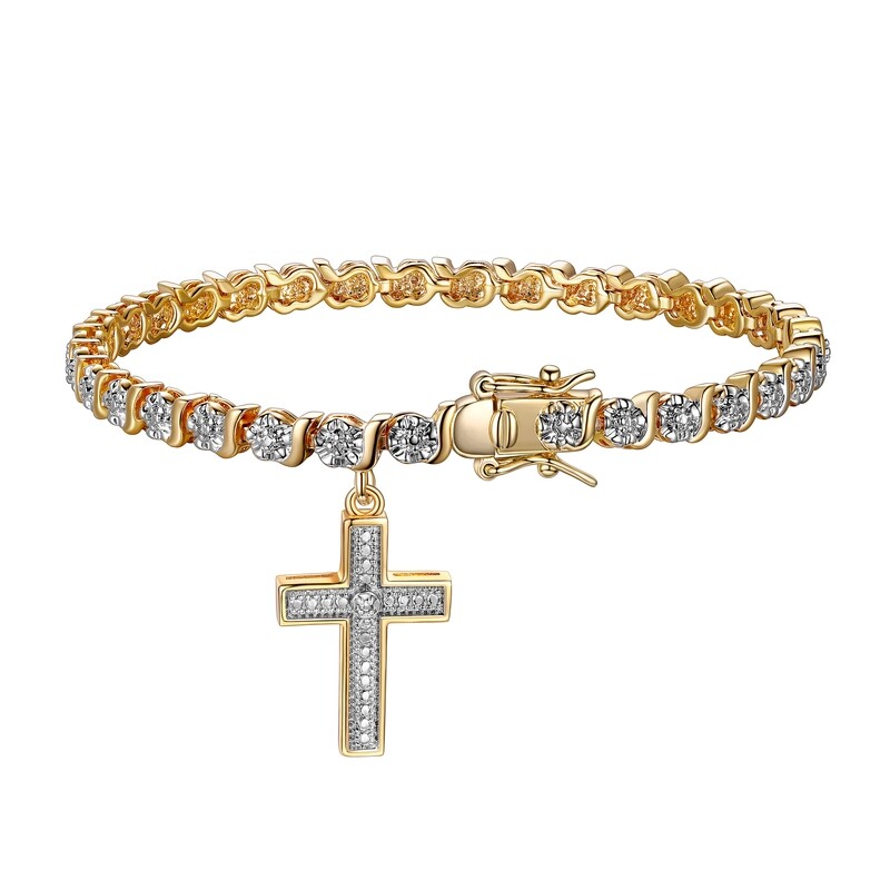 18K Yellow Gold Plated Diamond Accent Cross Charm Tennis Bracelet, 7.25&quot;