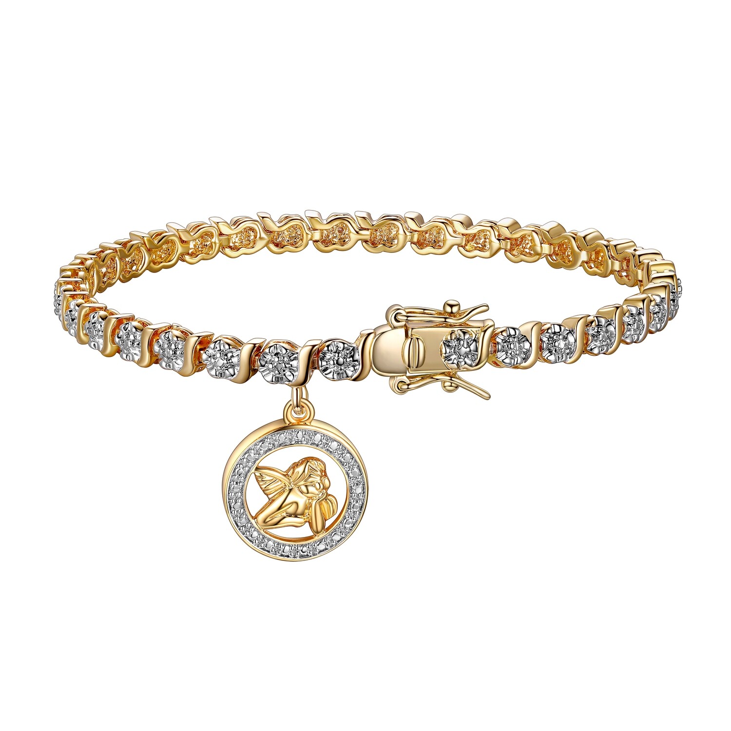 18K Yellow Gold Plated Diamond Accent Angel Charm Tennis Bracelet, 7.25&quot;