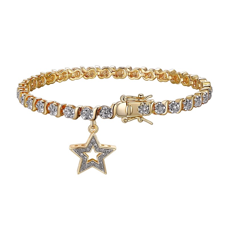 18K Yellow Gold Plated Diamond Accent Star Charm Tennis Bracelet, 7.25&quot;