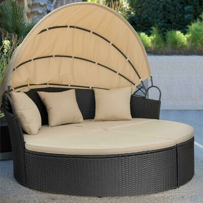 Patio Furniture Outdoor Round Daybed w/ Retractable Canopy Sectional Sofa Sun
