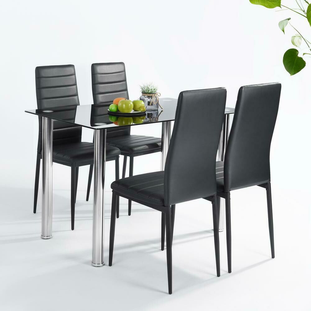 5-Pieces Black Modern Glass Dining Table Set Faxu Leather With 4-Chairs