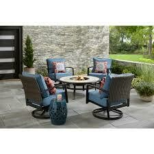 5-Piece Dark Brown Metal Outdoor Patio Round Fire Pit Seating Set w/ Standard Steel Blue Cushions