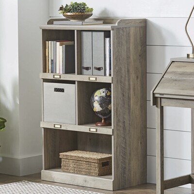 Modern Farmhouse 5-Cube Organizer Bookcase with Name Plates, Rustic Gray Finish