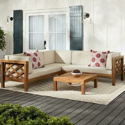 Farmhouse Wood Outdoor Patio Sectional Sofa with Teak Finish, Beige Cushions, and Coffee Table