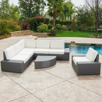 Santa Cruz Grey 7-Piece Wicker Outdoor Sectional Set with White Cushions