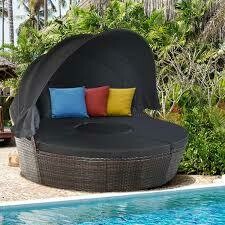 Brown 1-Piece Rattan Wicker Outdoor Patio Day Bed with Black Cushions
