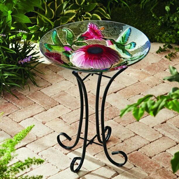 Outdoor 18 in. Multicolor Glass Solar Hummingbird Bird Bath