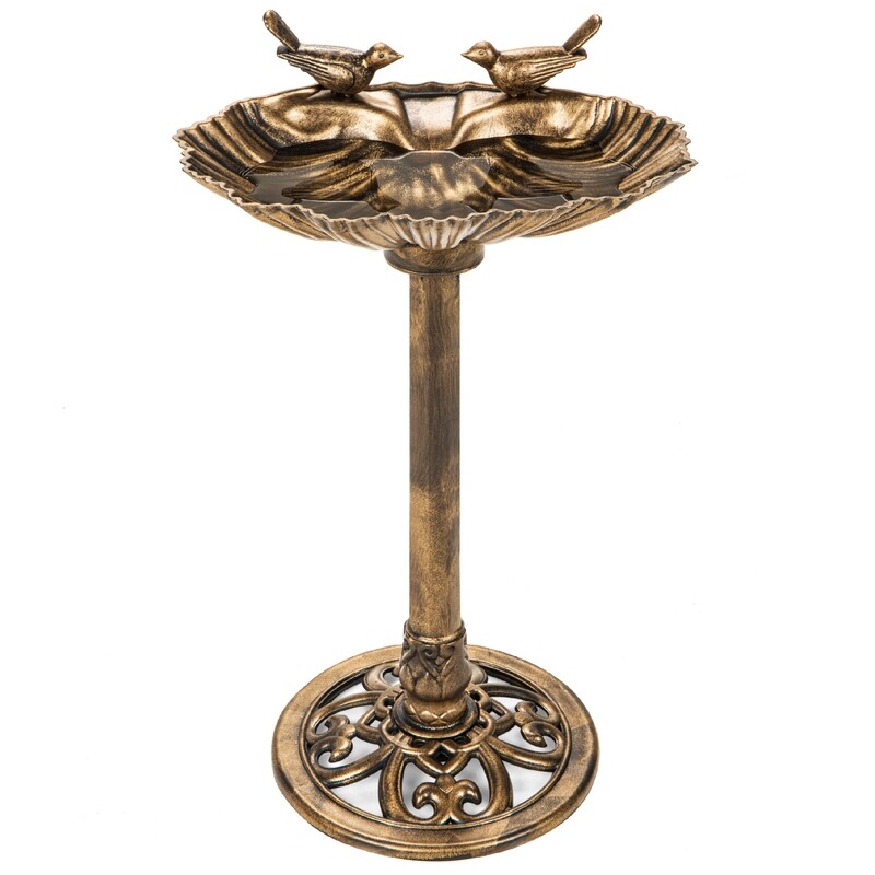 Outdoor Pedestal Bird Bath Decoration w/ Sparrow Statues, Fleur-de-Lis Accents / Multiple Colors
