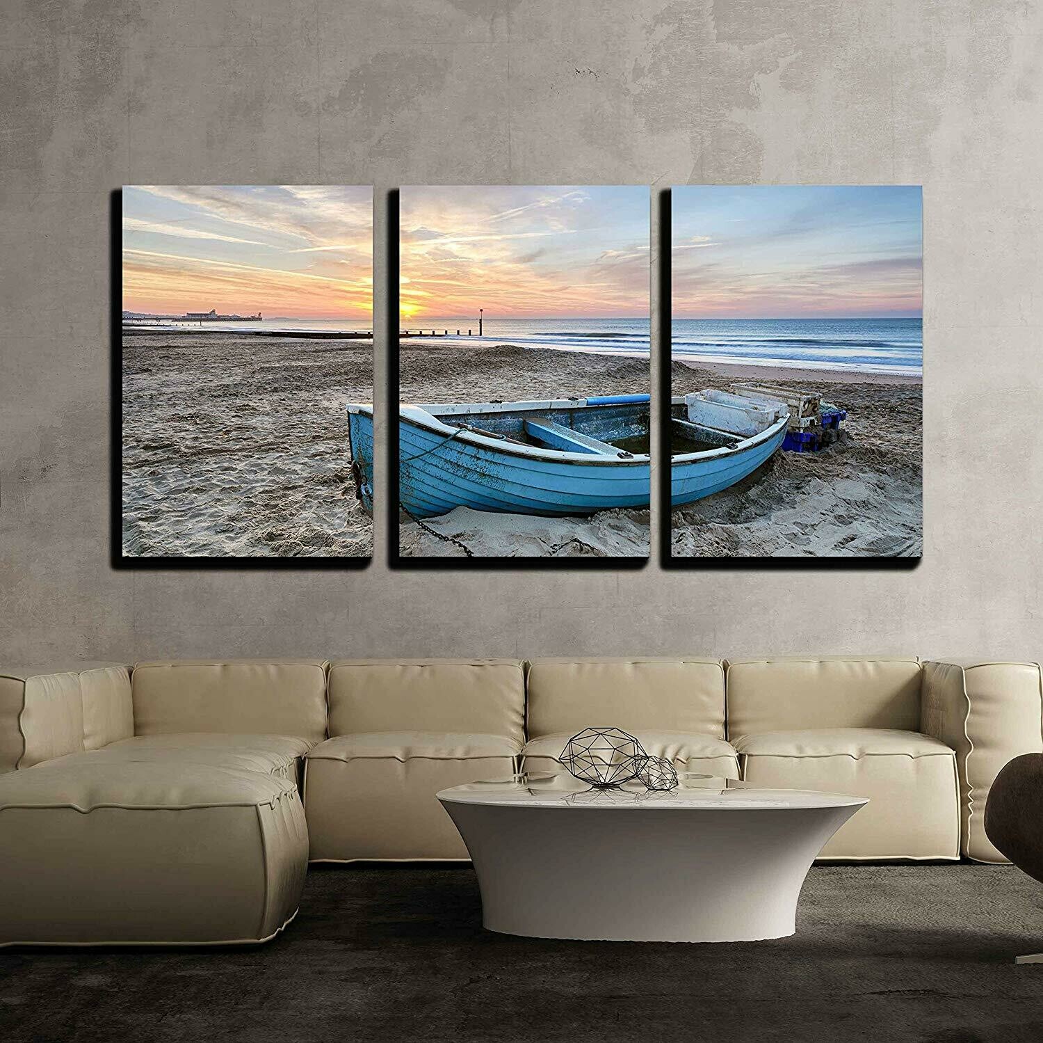 Wall26 - Turquoise Blue Fishing Boat at Sunrise on Bournemouth Beach with Pier in Far Distance - Canvas Art Wall Decor - 16&quot;x24&quot;x3 Panels