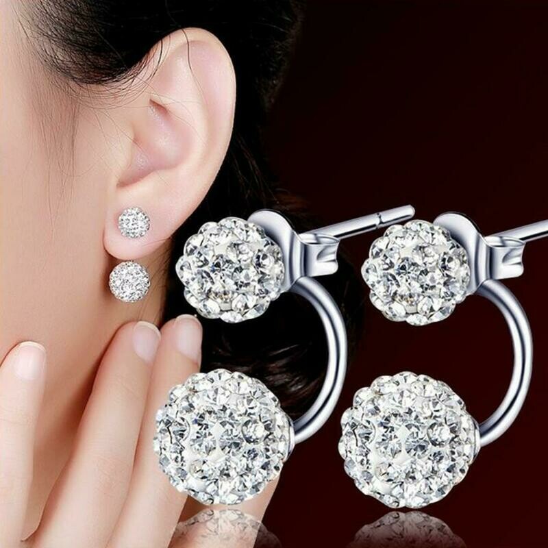 1 Pair Women Jewelry Silver Double Beaded Rhinestone Crystal Stud Earrings HFON
