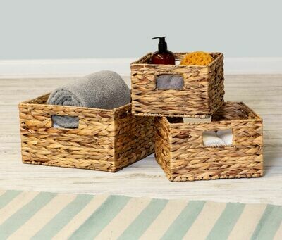 Wicker Storage Basket, 3 Pack Woven Bin Baskets Set Nesting, Beige (Set of 3)