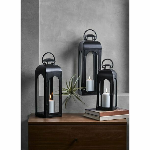 Large Metal Candle Holder Lantern Glass Panels Black Outdoor Decor Lighting New