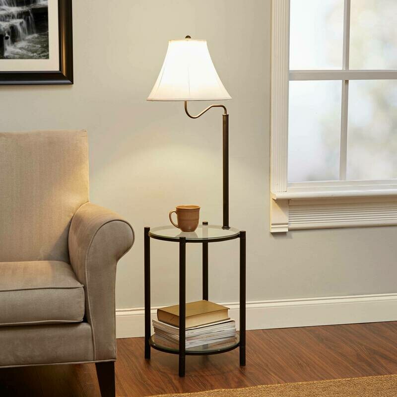 Transitional Glass End Table Floor Lamp, Matte Black