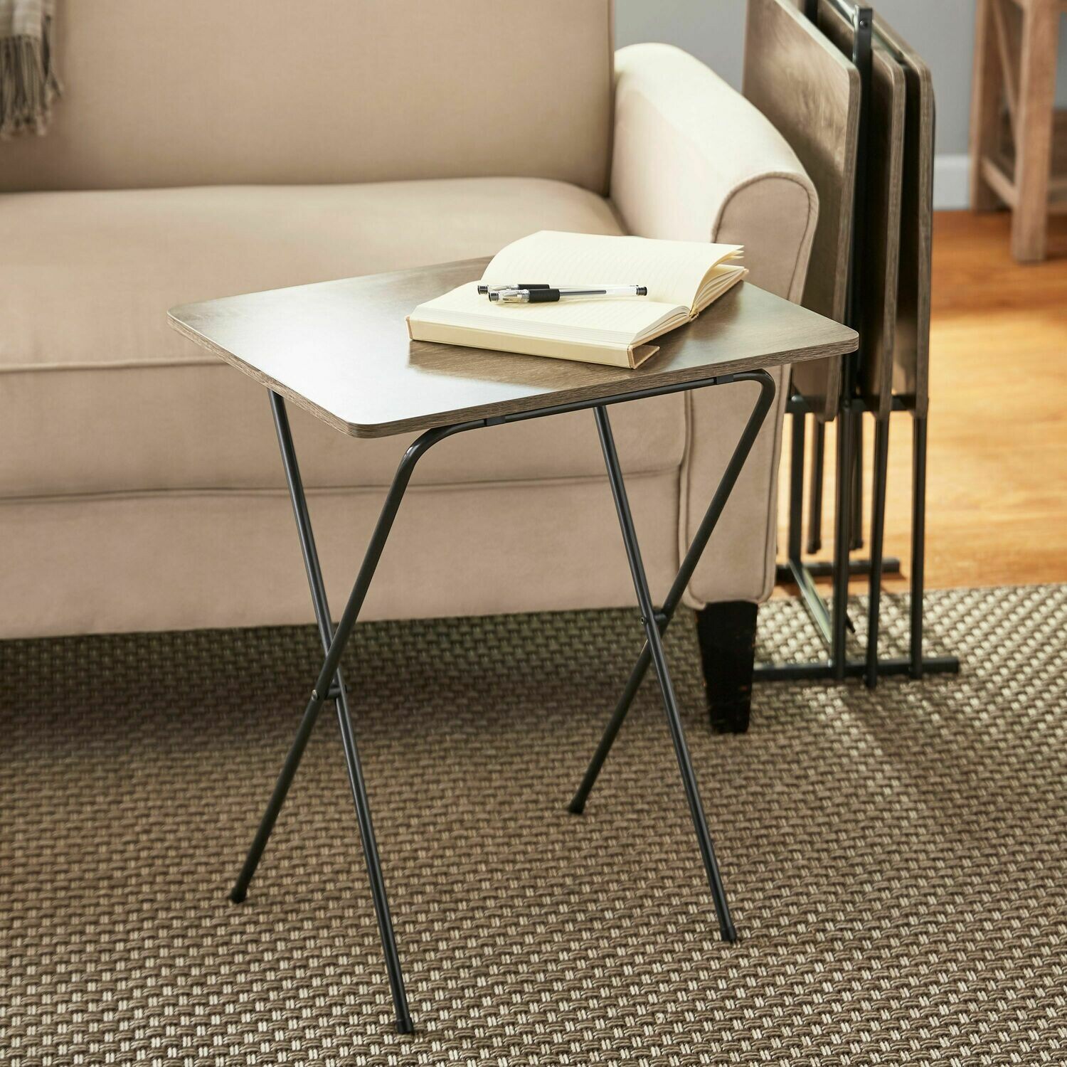 5-Piece Folding Tray Table Set with Stand, Rustic Brown