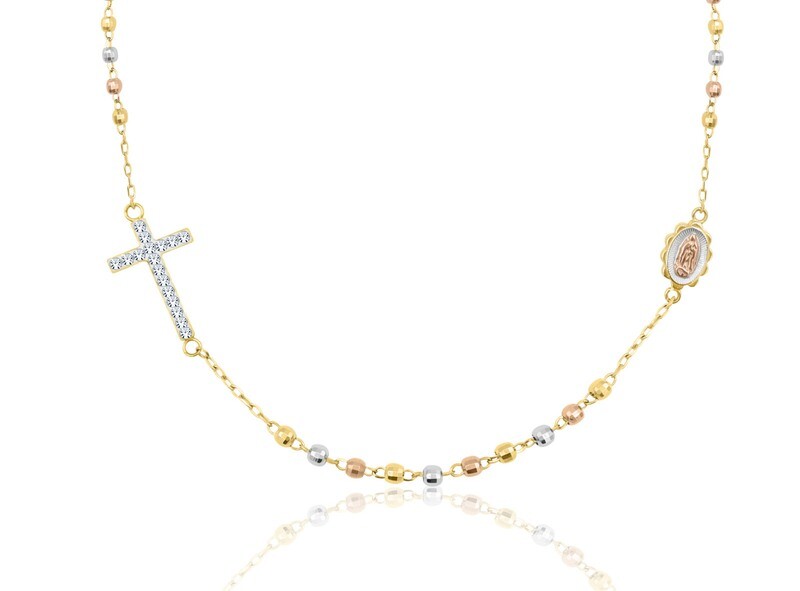 Sterling Silver 18 Karat Gold Plating Tri Color Crystal Cross Rosary Necklace, 18&quot; + 1&quot;
