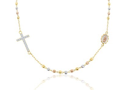 Sterling Silver 18 Karat Gold Plating Tri Color Crystal Cross Rosary Necklace, 18" + 1"