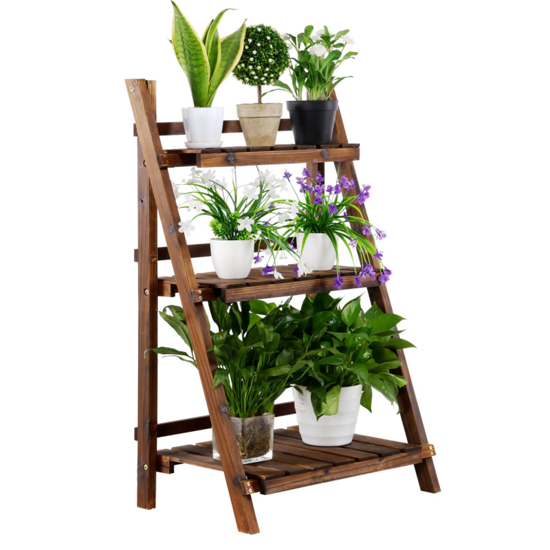 3 Tier Folding Wooden Flower Stand Plant Display Stand Nature Plant Shelf for Living Room Balcony Patio Yard Indoors &amp; Outdoors