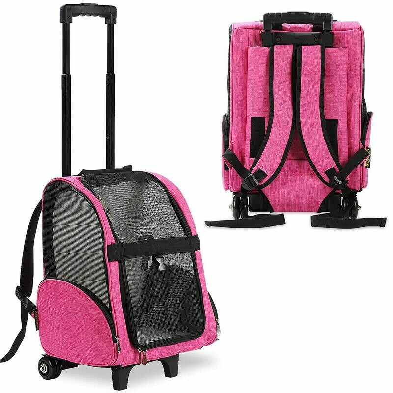 Kopeks Deluxe Dog Carrier Backpack with Wheels, Heather Pink