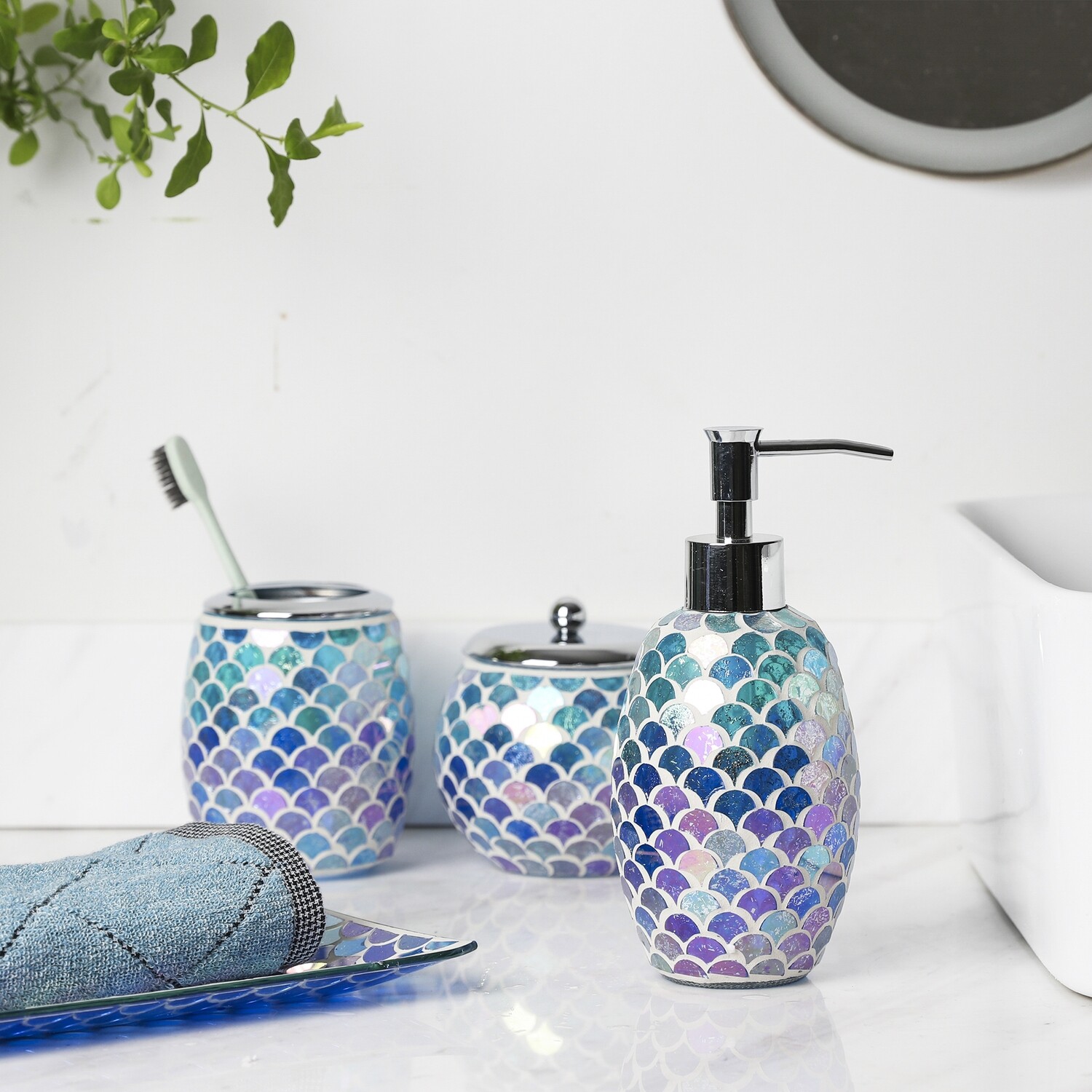 4-Pieces Bathroom Accessory Set Bright-Colored Mosaic Glass Bath Ensemble-Lotion Dispenser/Toothbrush Holder/Cotton Jar/Vanity tray