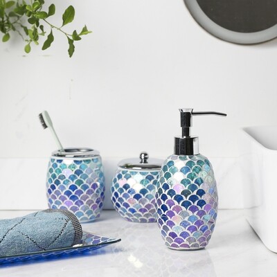 4-Pieces Bathroom Accessory Set Bright-Colored Mosaic Glass Bath Ensemble-Lotion Dispenser/Toothbrush Holder/Cotton Jar/Vanity tray