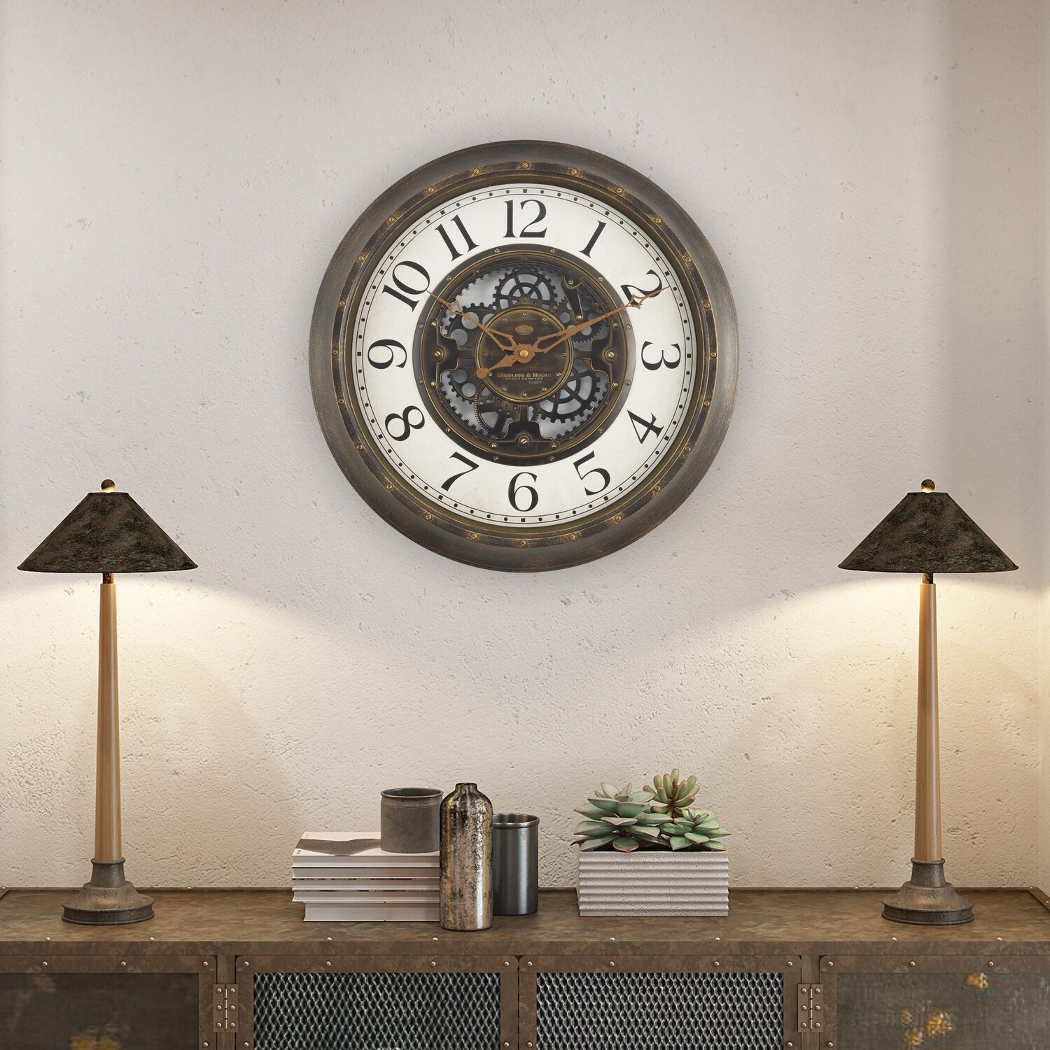 Indoor 15.5&quot; Aged Bronze Arabic Industrial Gear Wall Clock