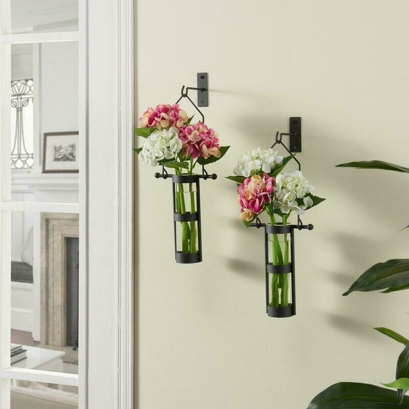 Black Metal Wall Mount Hanging Glass Cylinder Decorative Vases (Set of 2)