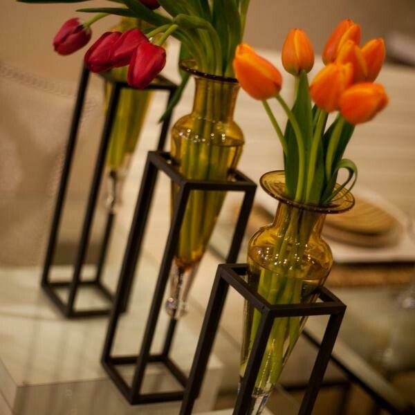 (Set of 3) Flower 18 in., 16 in. and 14 in. Glass Decorative Amphora Vase on Square Tubing Metal Stands in Amber Glass Home Decor