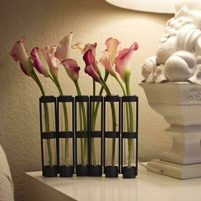 9 in. Iron and Glass Test Tube Decorative Hinged Vases on Rings Stands - Dark Brown