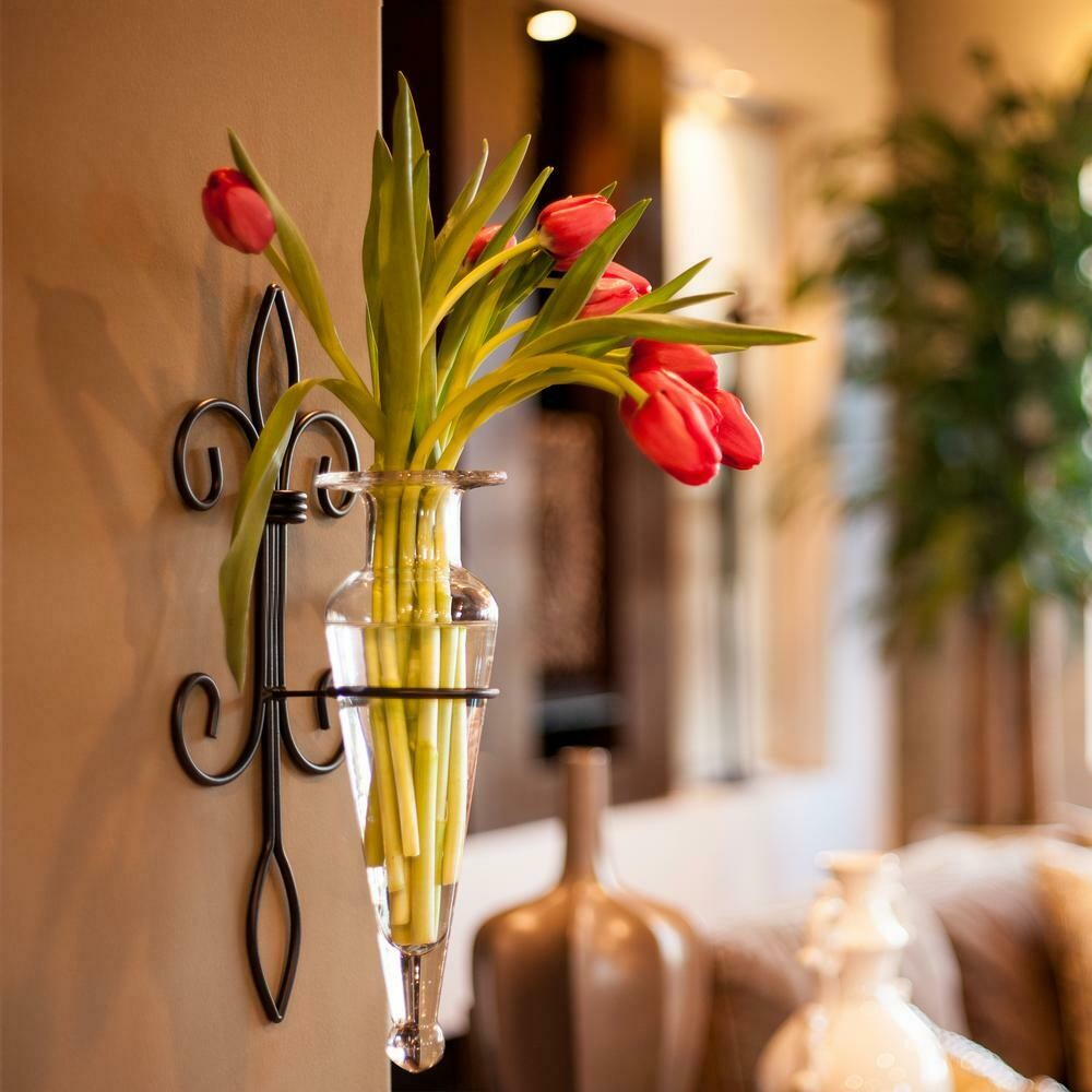 15 in. Glass Wall Mount Decorative Decorative Amphora Vase on Metal Fleour Des Lis Sconce in Clear Glass