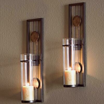 Contemporary Metal Brown Wall Candle Sconces with Antique Patina Medallions (Set of 2)